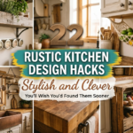 22 Rustic Kitchen Design Hacks So Stylish and Clever, You’ll Wish You’d Found Them Sooner Collage of rustic kitchen design hacks with wood shelves, spice jars, fruit hammock, and butcher block island