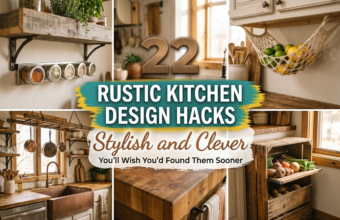 Collage of rustic kitchen design hacks with wood shelves, spice jars, fruit hammock, and butcher block island