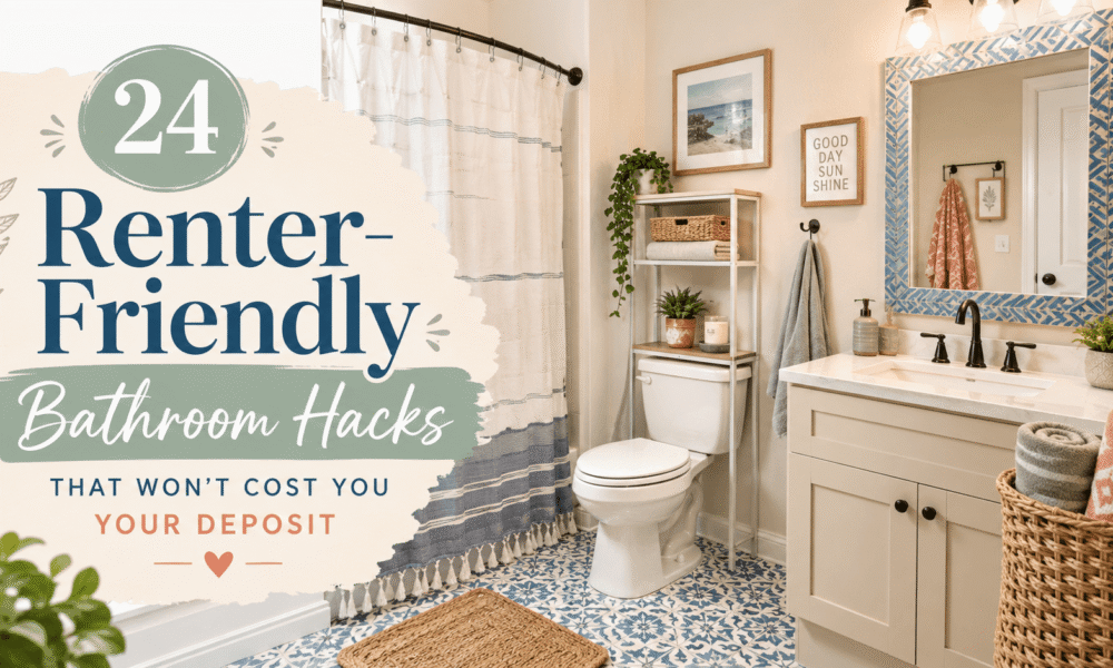 Decorated renter bathroom with peel-and-stick blue tile, mirror frame, storage shelf and deposit-safe hack text