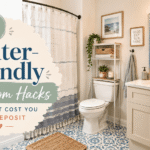 Decorated renter bathroom with peel-and-stick blue tile, mirror frame, storage shelf and deposit-safe hack text