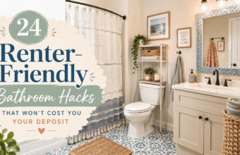 Decorated renter bathroom with peel-and-stick blue tile, mirror frame, storage shelf and deposit-safe hack text