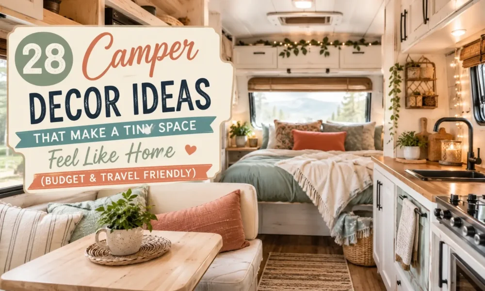 Collage of 28 budget-friendly camper decor ideas featuring cozy bohemian pillows, string lights, and space-saving storage solutions that make a tiny RV interior feel like a warm home.
