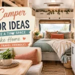 Collage of 28 budget-friendly camper decor ideas featuring cozy bohemian pillows, string lights, and space-saving storage solutions that make a tiny RV interior feel like a warm home.