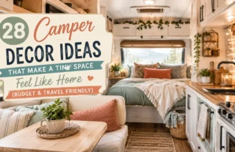 Collage of 28 budget-friendly camper decor ideas featuring cozy bohemian pillows, string lights, and space-saving storage solutions that make a tiny RV interior feel like a warm home.