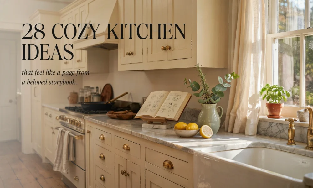 Cozy cream kitchen with farmhouse sink, open cookbook, herbs, lemons, and soft window light