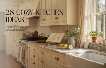 Cozy cream kitchen with farmhouse sink, open cookbook, herbs, lemons, and soft window light