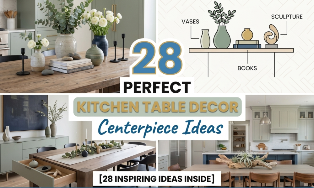 28 kitchen table centerpiece ideas with vases, books, candles, greenery and styled dining tables.