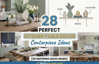 28 kitchen table centerpiece ideas with vases, books, candles, greenery and styled dining tables.