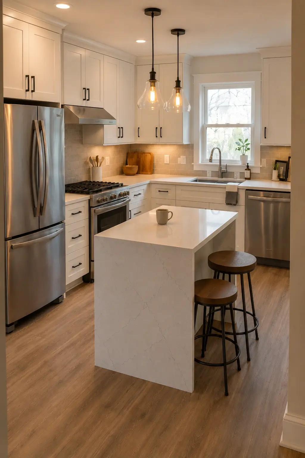 4-foot waterfall island centered in a small L-shaped kitchen with white cabinets and stainless appliances.