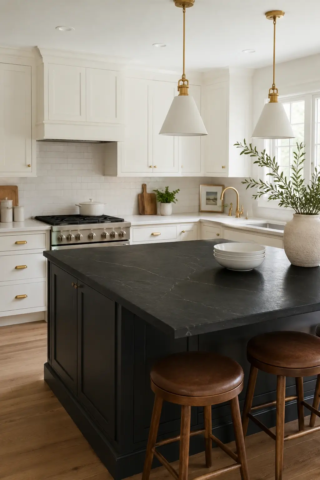Chantilly Lace perimeter cabinets with a leathered black granite island, brass pendants, and white subway tile.