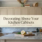Modern kitchen showcasing decorating above your kitchen cabinets with trailing plants, pampas grass, and open shelving.