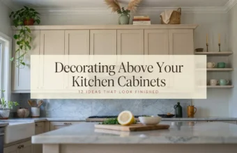 Modern kitchen showcasing decorating above your kitchen cabinets with trailing plants, pampas grass, and open shelving.
