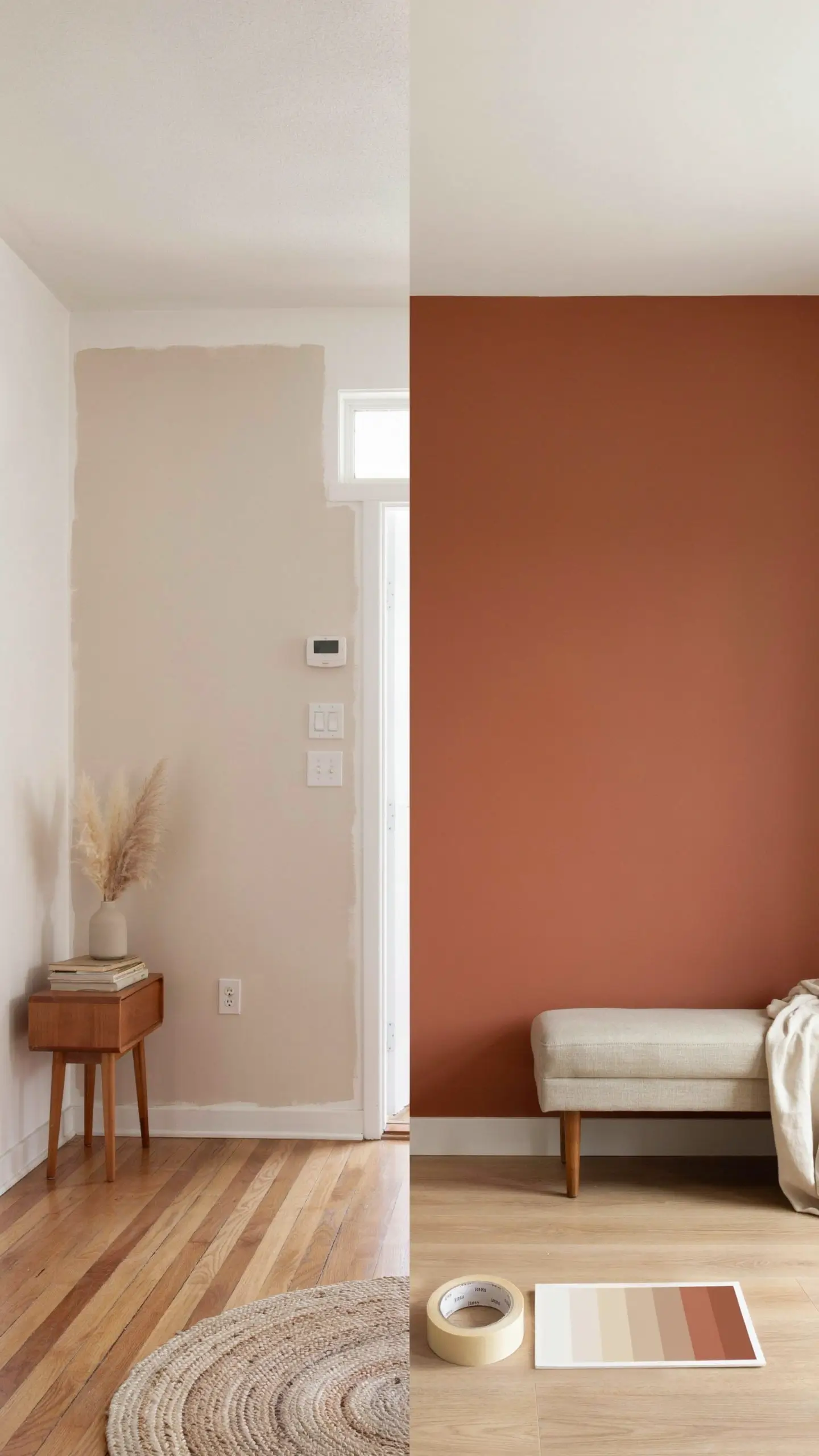 Split-screen living room photograph showing a neutral beige wall section compared to a completed warm terracotta rust accent wall, featuring a wooden side table with pampas grass, a white upholstered bench with a throw blanket, and a paint swatch card with masking tape on the hardwood floor. 
