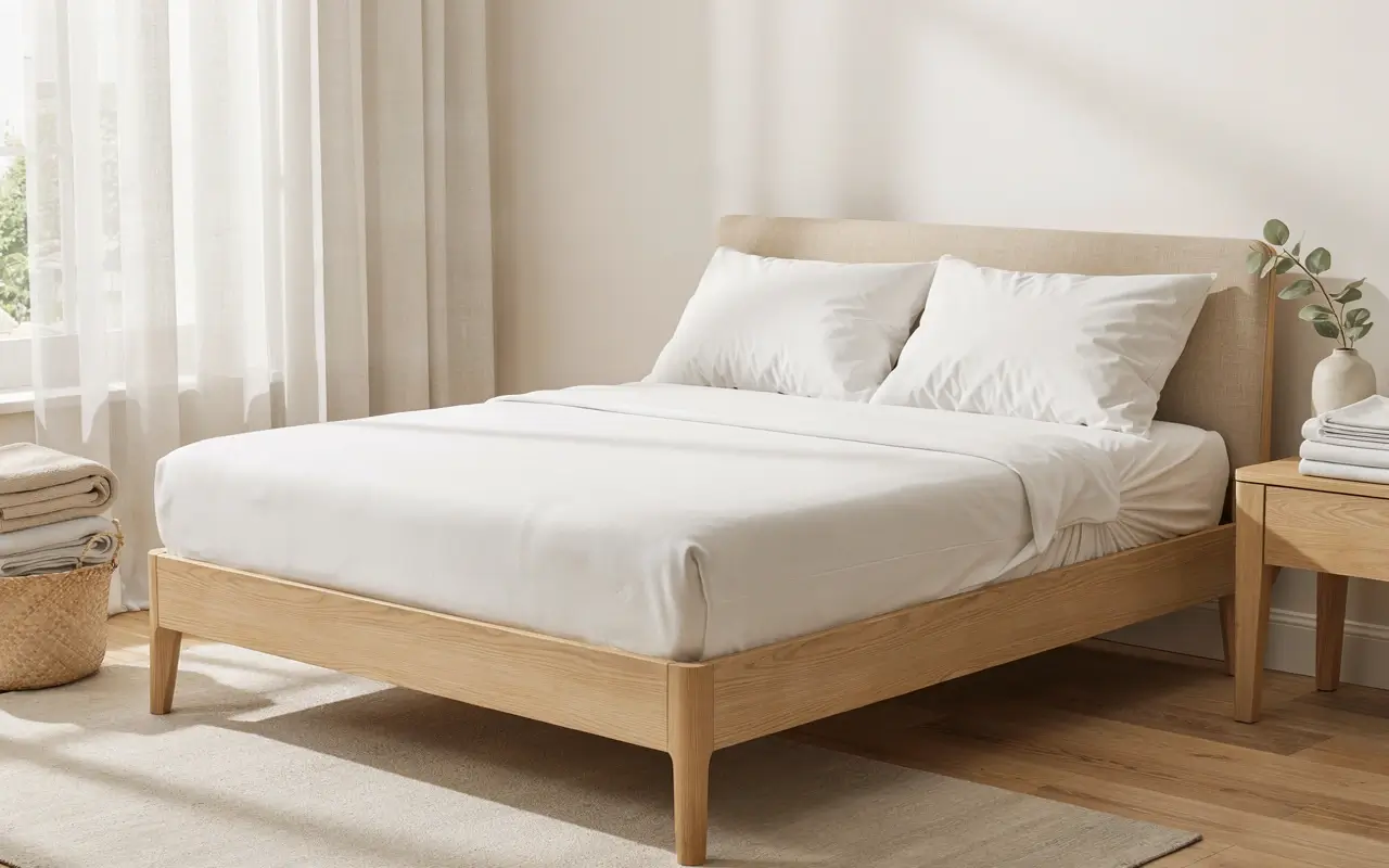 Alt Text: Freshly remade bed with clean white bedding after completing a deep mattress cleaning.