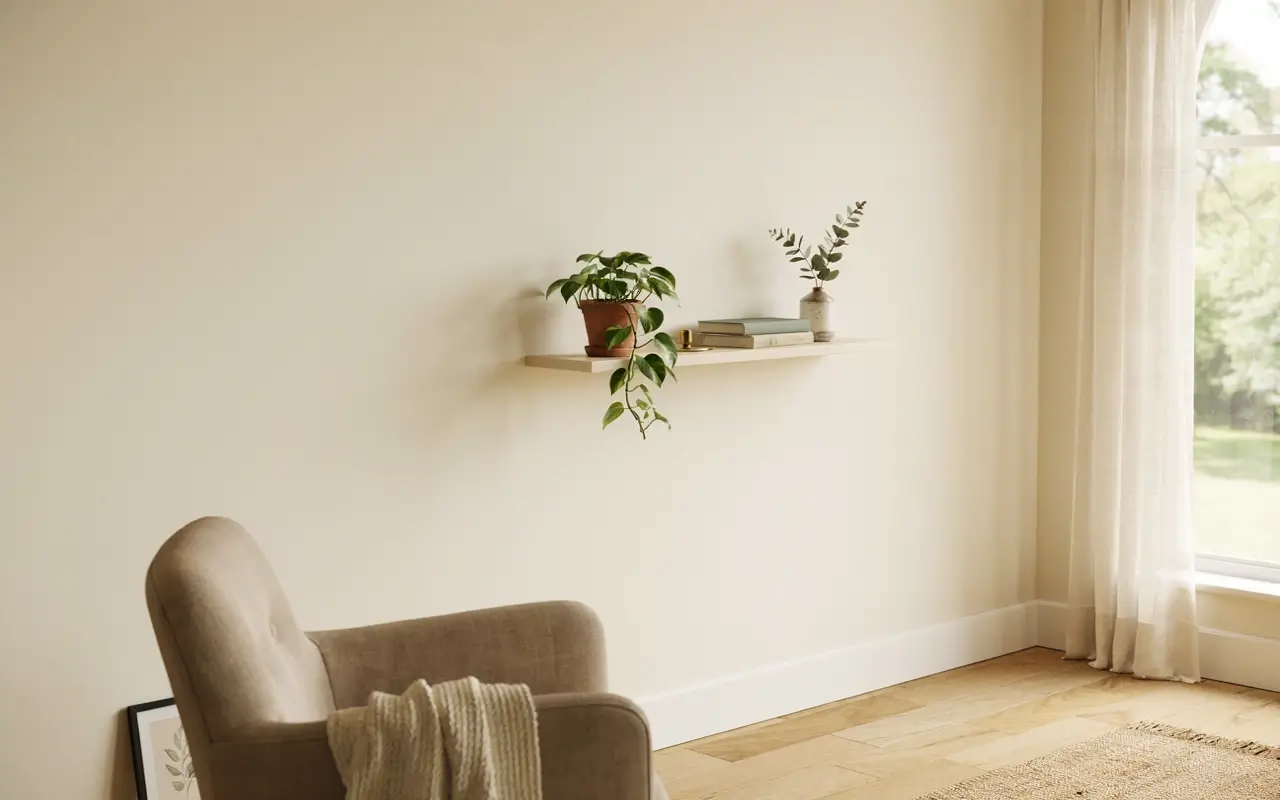 Adhesive floating shelf with plants, books, and vase above a cozy chair in a bright rental living room.