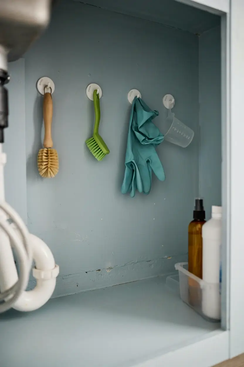 Adhesive hooks inside an under-sink cabinet hold a scrub brush, cleaning gloves, and a small measuring cup.