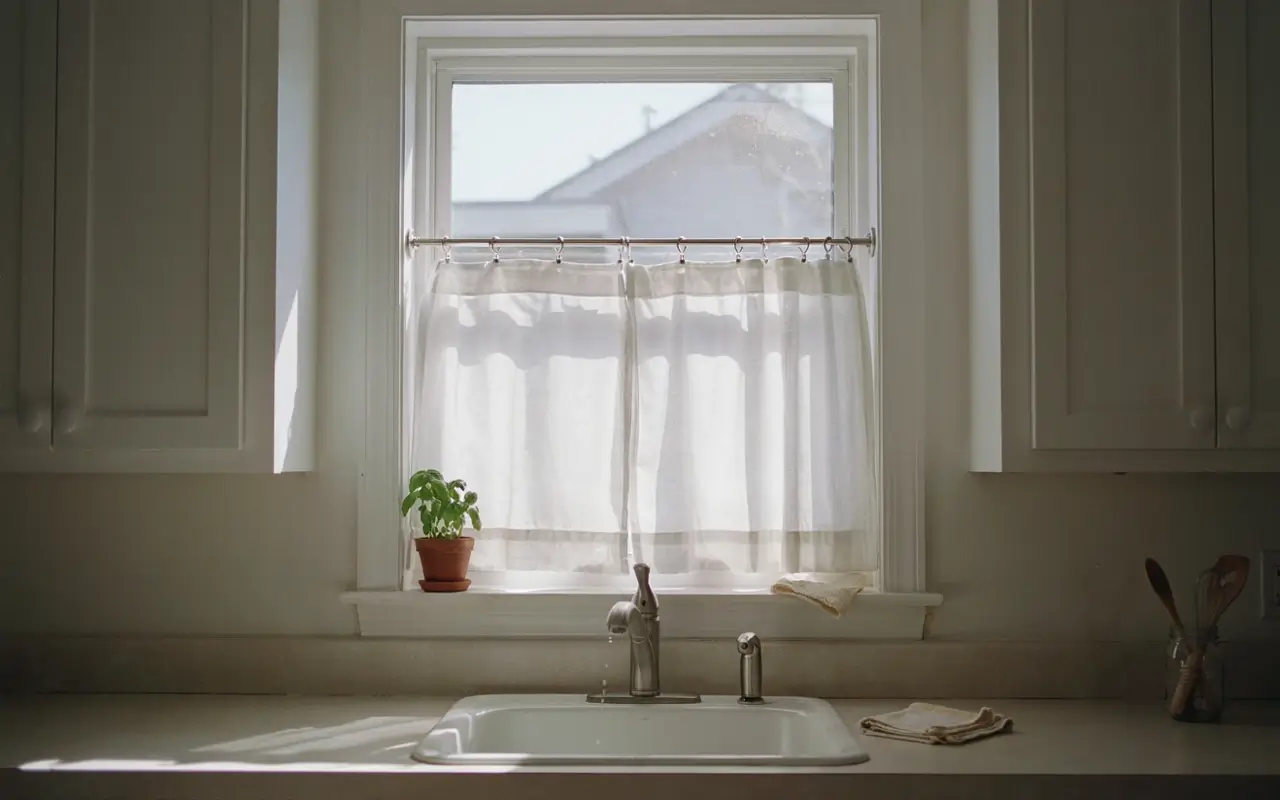 Sheer café curtain clipped to a tension rod inside a kitchen sink window frame above a white sink.