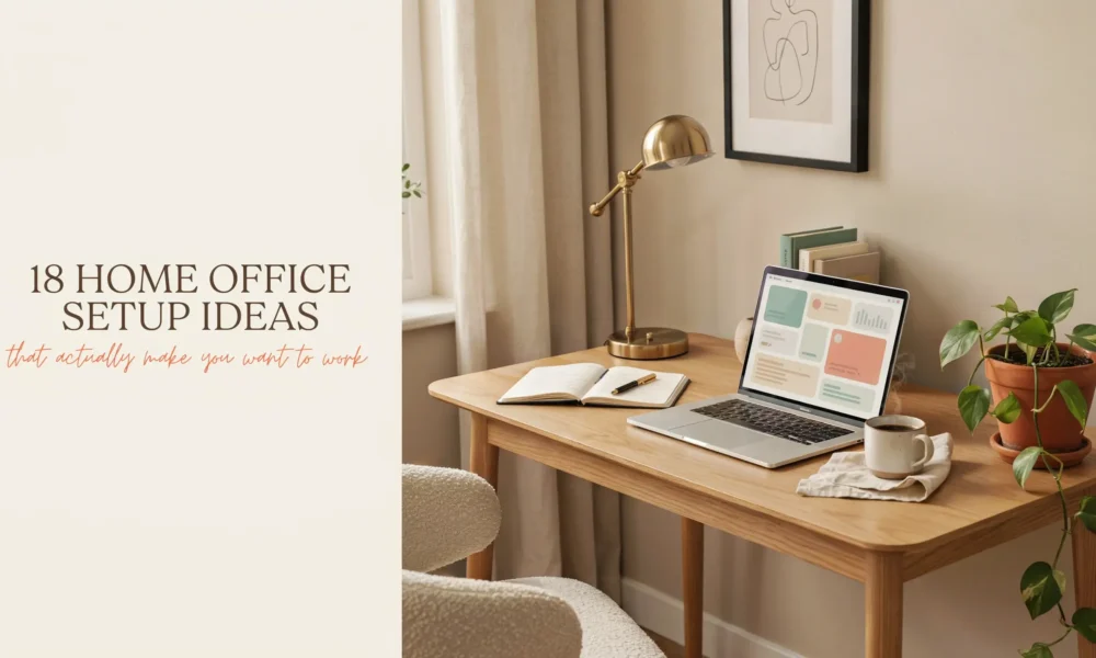 Aesthetic minimalist home office desk setup featuring a wooden desk, silver laptop, open notebook, brass desk lamp, and a trailing pothos plant in a bright room, with overlay text reading "18 Home Office Setup Ideas that actually make you want to work".