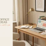 Aesthetic minimalist home office desk setup featuring a wooden desk, silver laptop, open notebook, brass desk lamp, and a trailing pothos plant in a bright room, with overlay text reading "18 Home Office Setup Ideas that actually make you want to work".