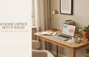 Aesthetic minimalist home office desk setup featuring a wooden desk, silver laptop, open notebook, brass desk lamp, and a trailing pothos plant in a bright room, with overlay text reading "18 Home Office Setup Ideas that actually make you want to work".