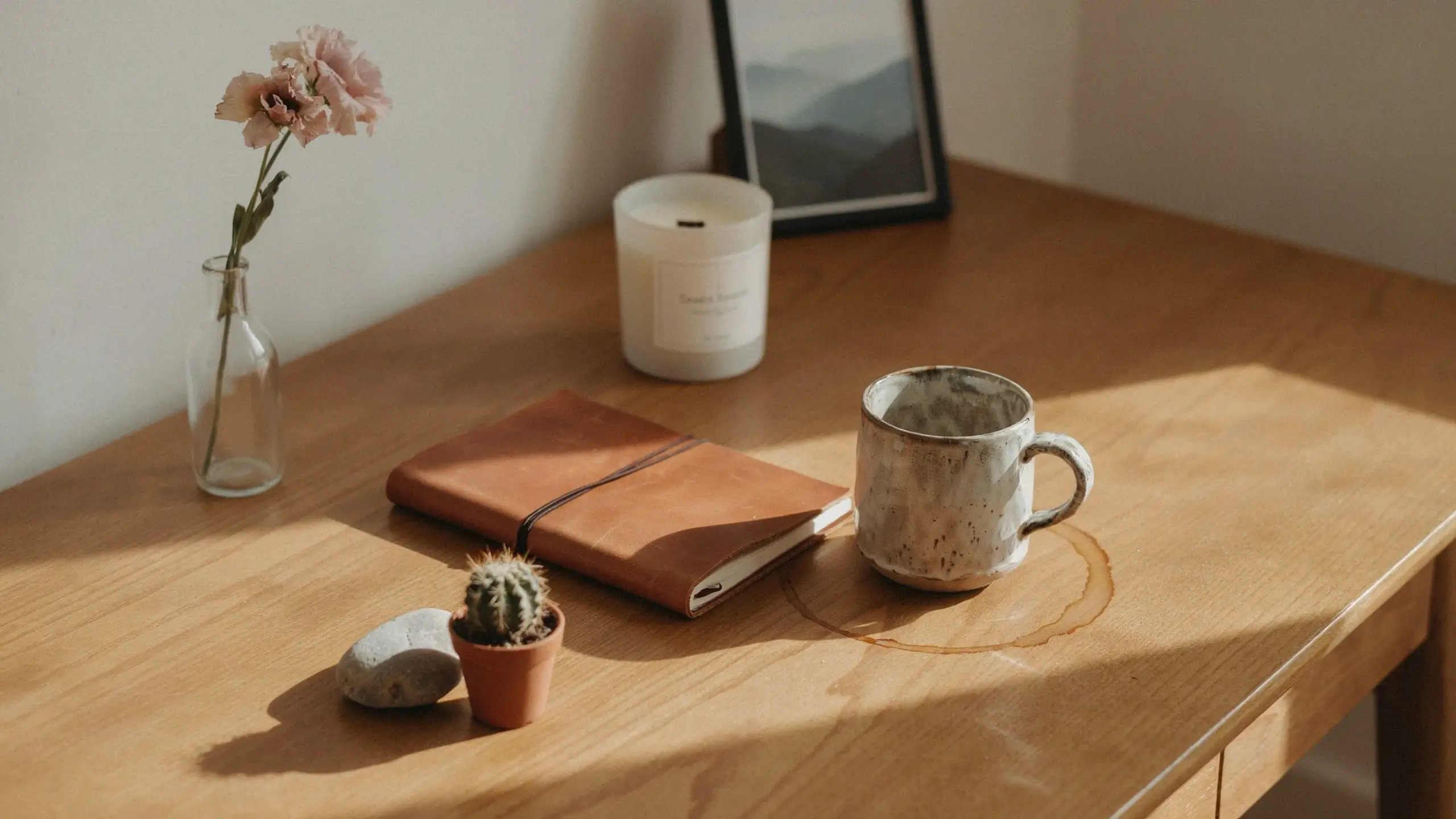 Warm sunlit aesthetic desk with leather journal, ceramic coffee mug with ring stain, small cactus, and dried flower in glass vase