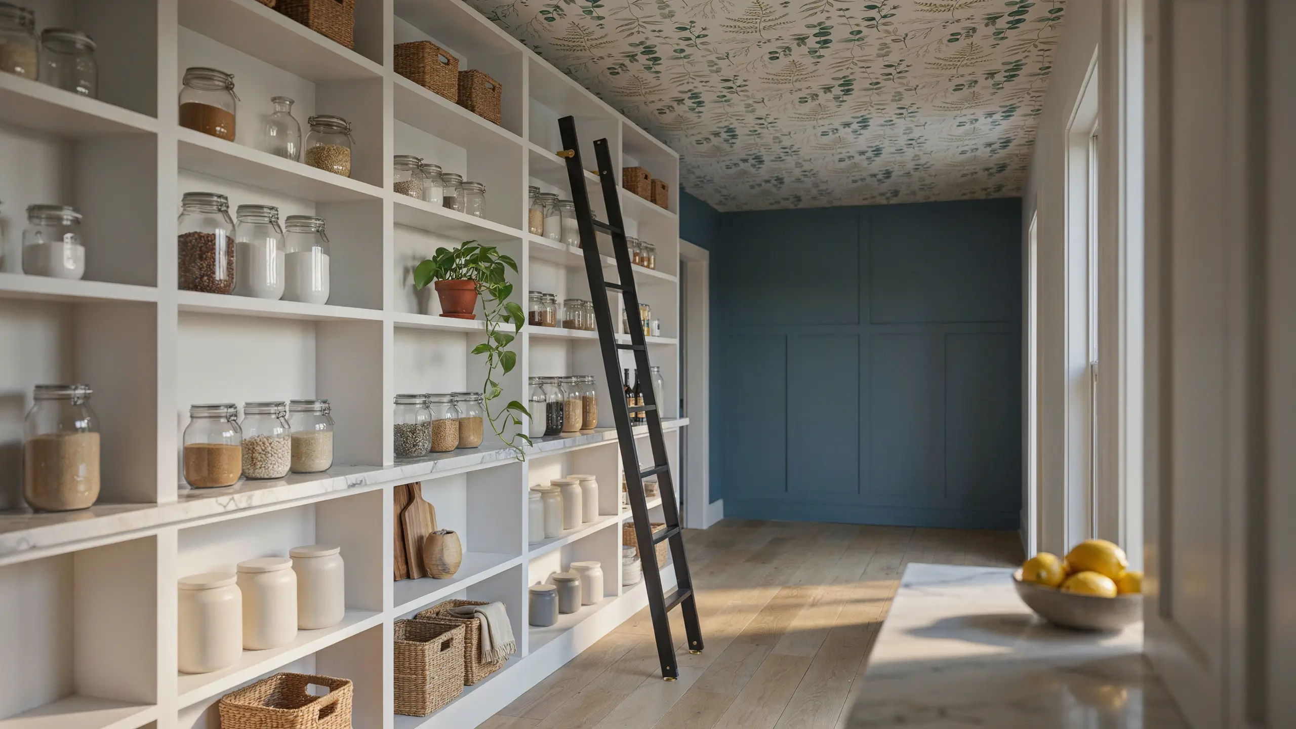 White floor-to-ceiling pantry shelving arranged with clear glass jars filled with grains and beans, a black rolling library ladder, and a dark blue paneled accent wall in a sunlit storage room. 