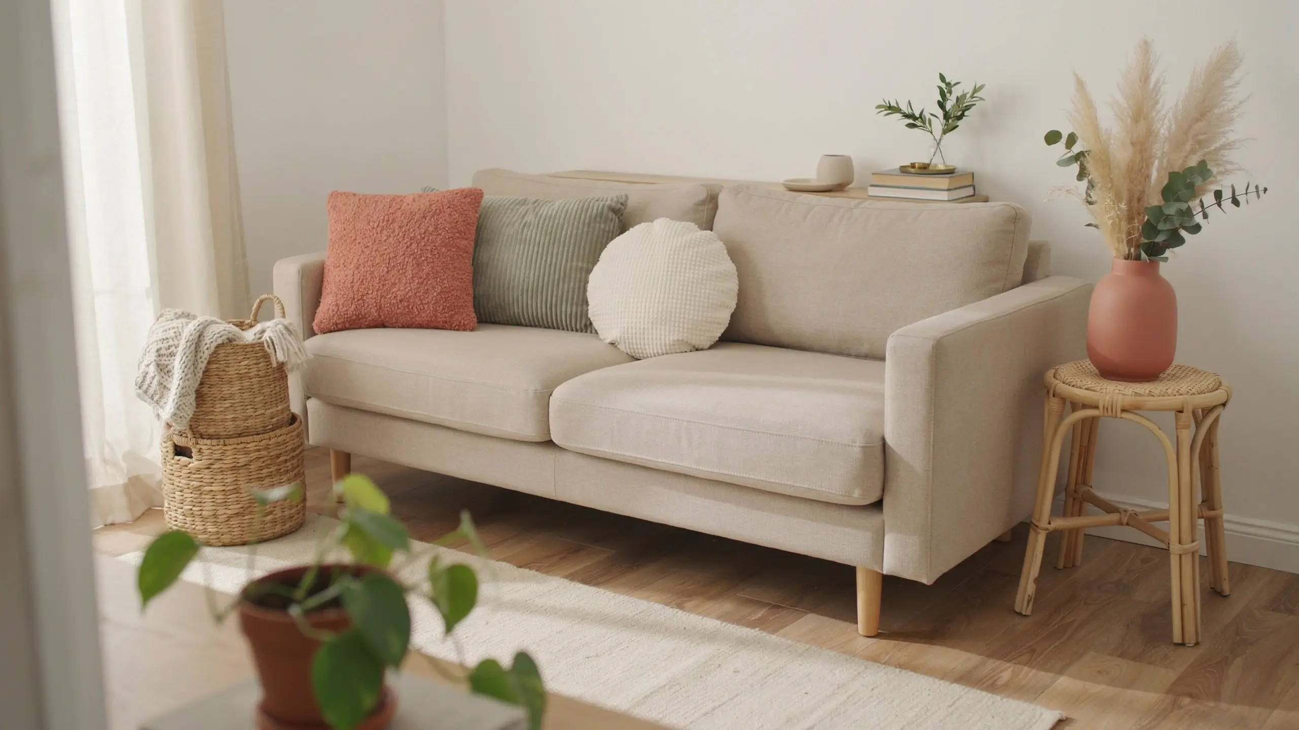 Beige sofa with affordable accent pillows, woven baskets, a rattan side table, and simple greenery in a bright living room.