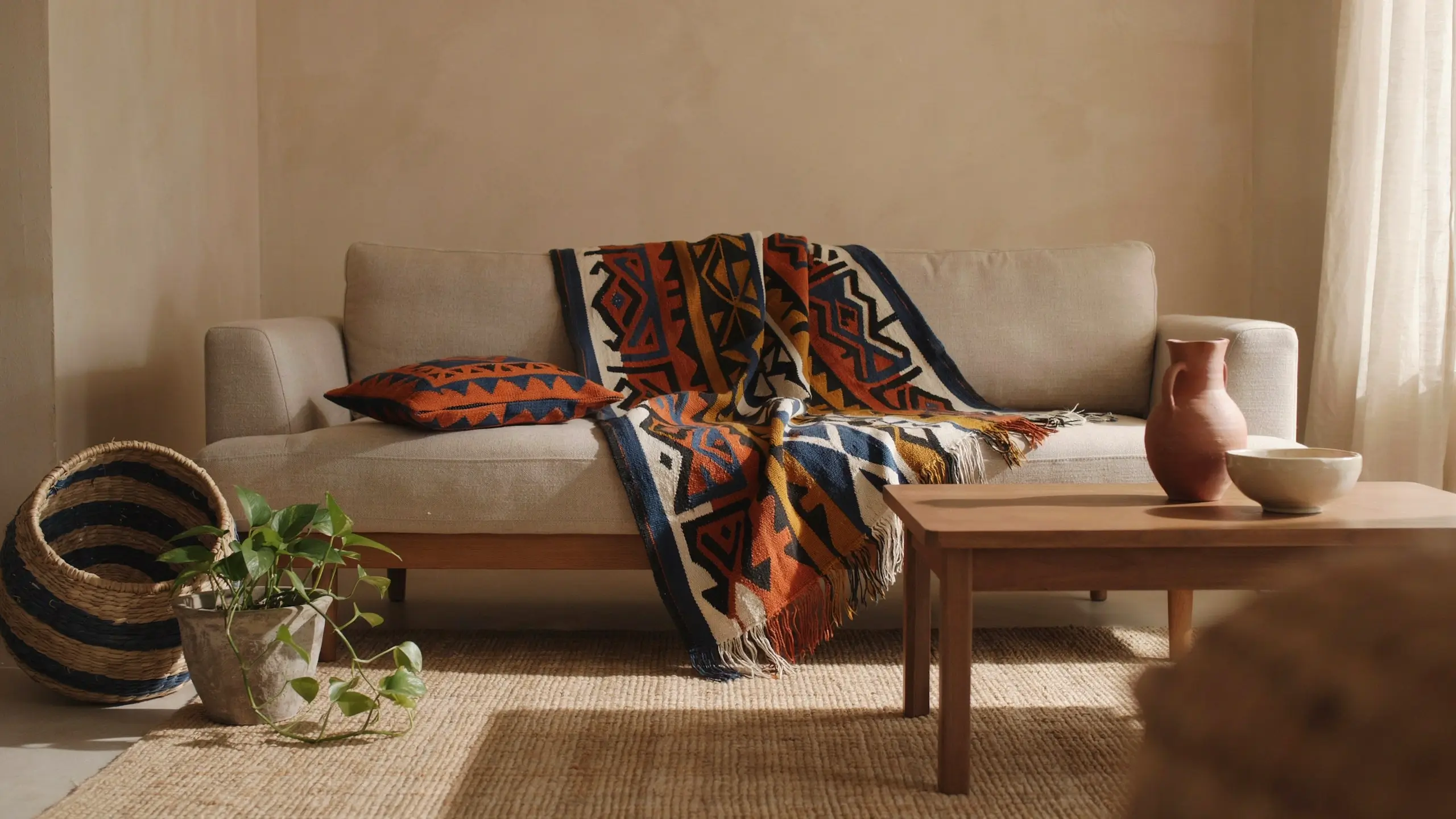 Neutral boho living room with an Afrohemian patterned throw, matching pillow, woven basket, plant, and wood table.