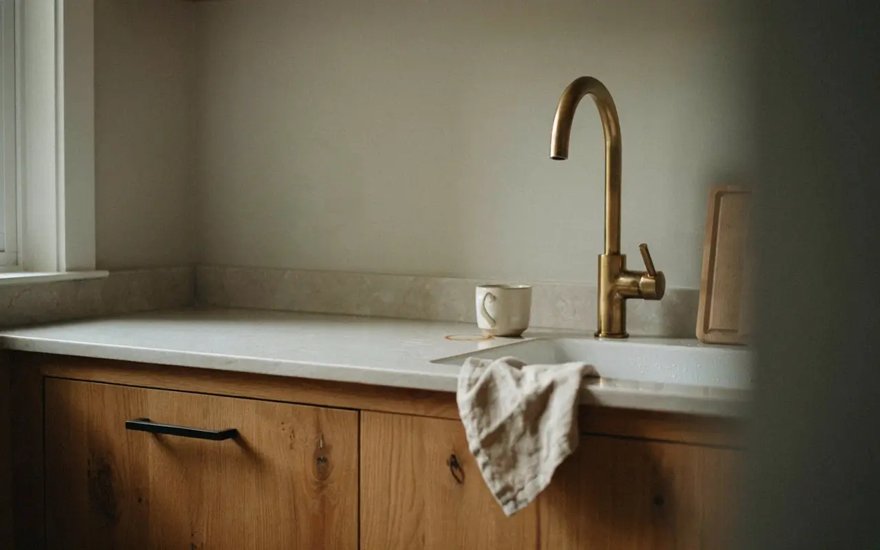 Aged brass kitchen faucet with black pulls on natural wood cabinets.