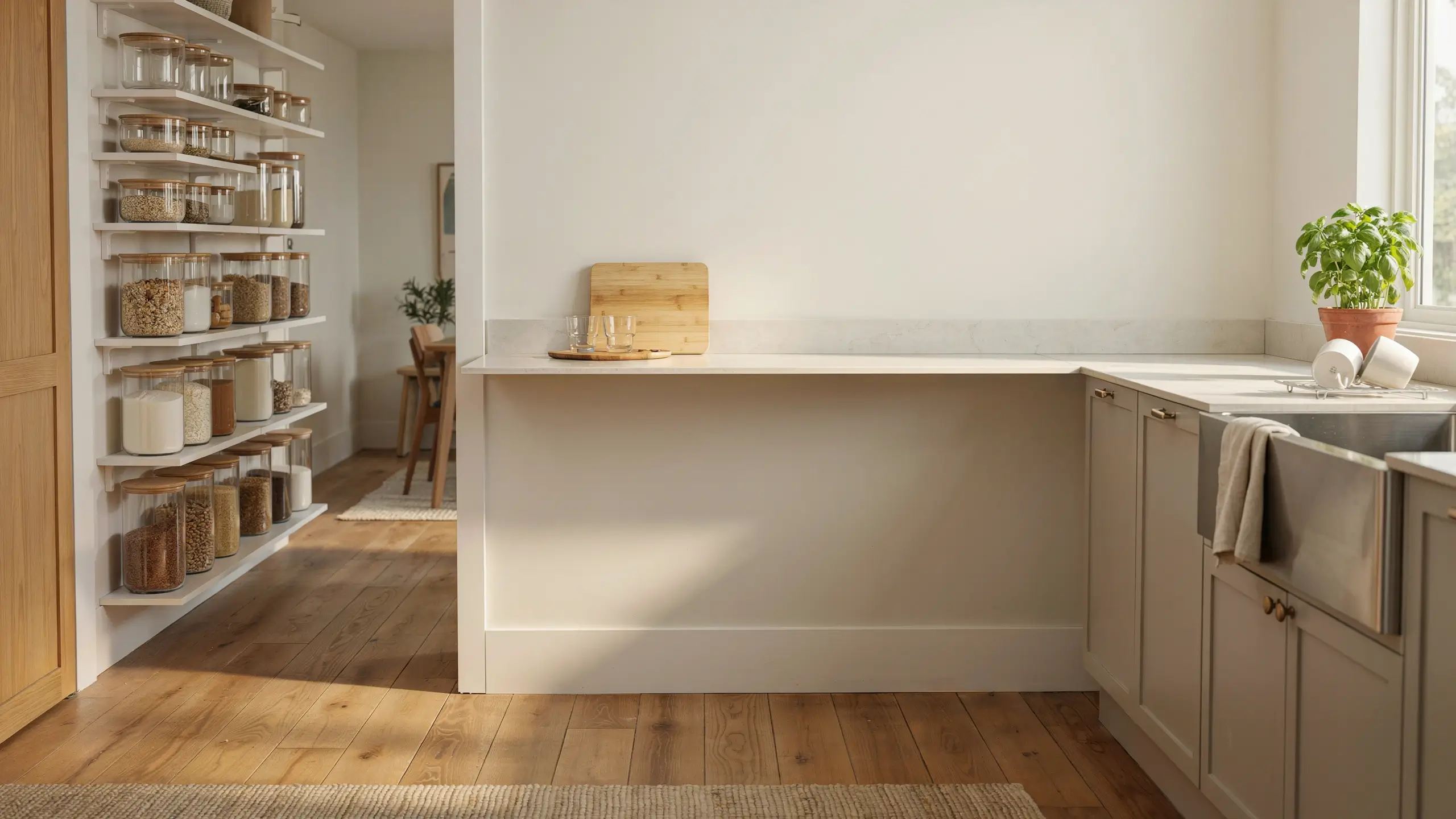 A bright minimalist kitchen featuring clear airtight glass jars on floating shelves, securely storing grains and pasta to prevent ant infestations.