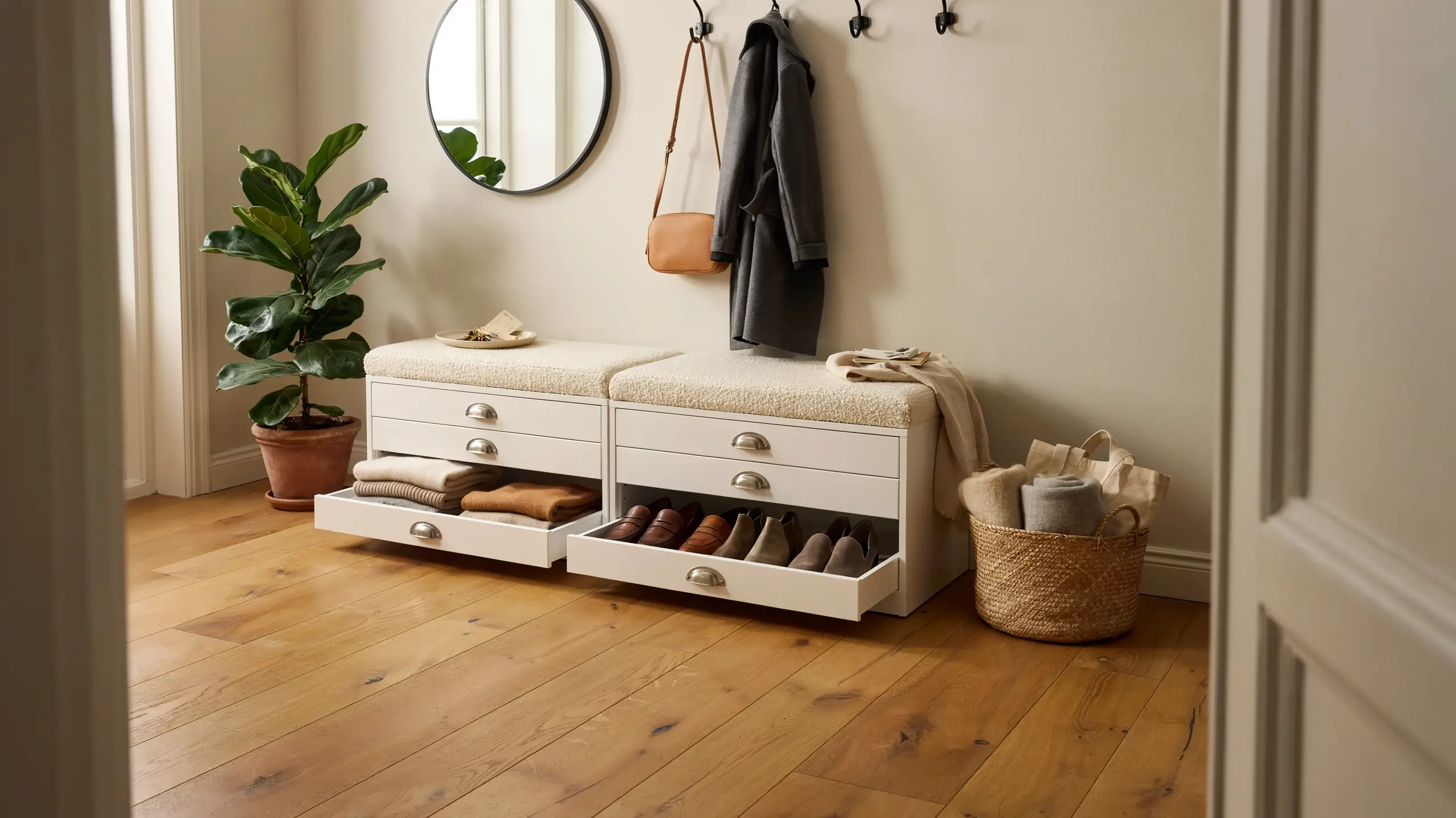 A white storage bench made from IKEA ALEX drawer units with cushioned seating, pull-out shoe drawers, and entryway wall hooks for organized small-space storage.