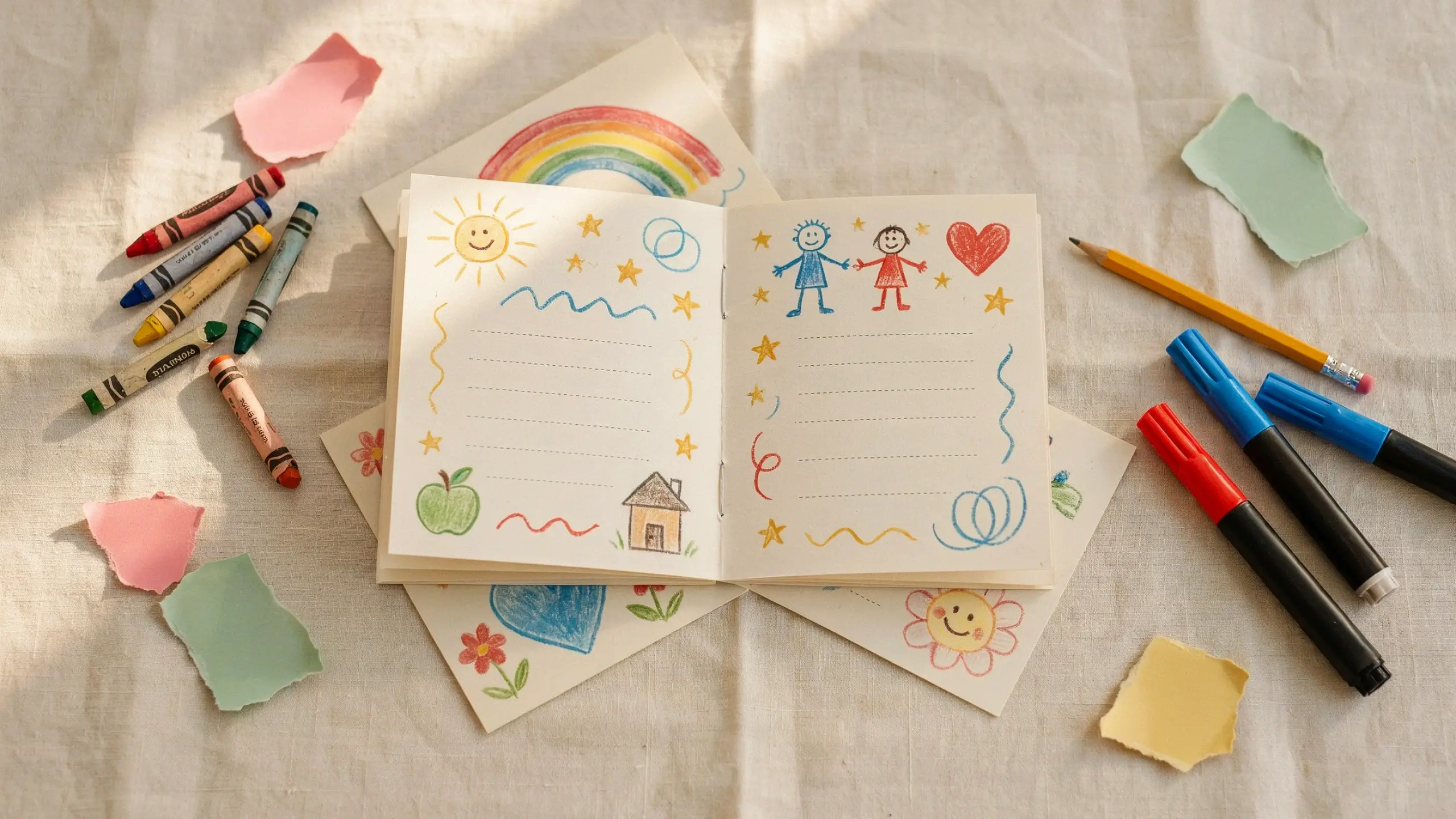 Child-made thank-you booklet with colorful drawings, crayons, markers, and a pencil.