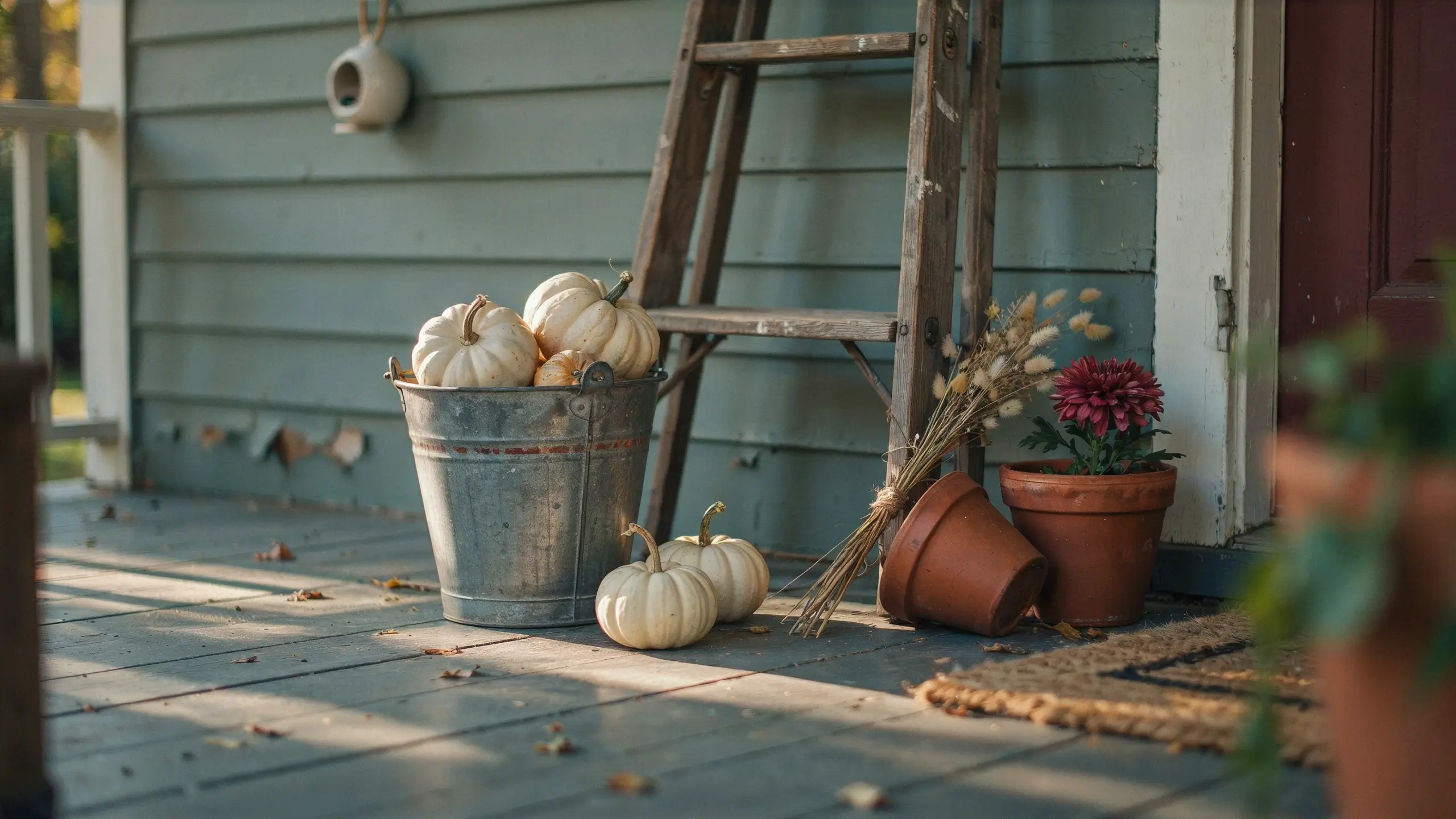 Alt Text: Neutral fall porch display with white pumpkins in a galvanized bucket, wooden ladder and terracotta pots.