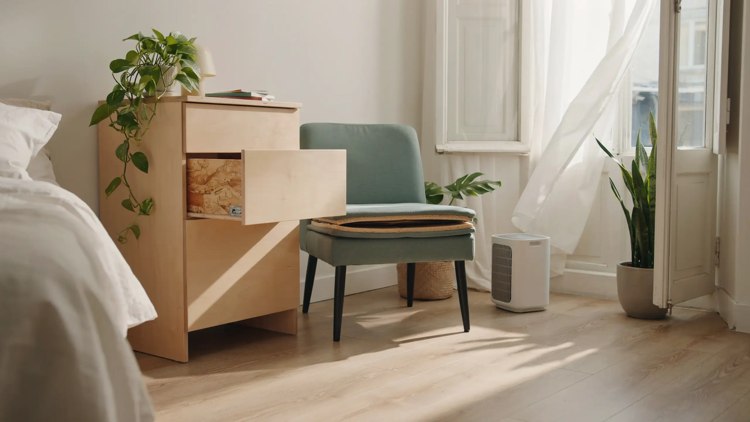 Damaged particleboard dresser with a broken drawer beside a chair in a bright bedroom.