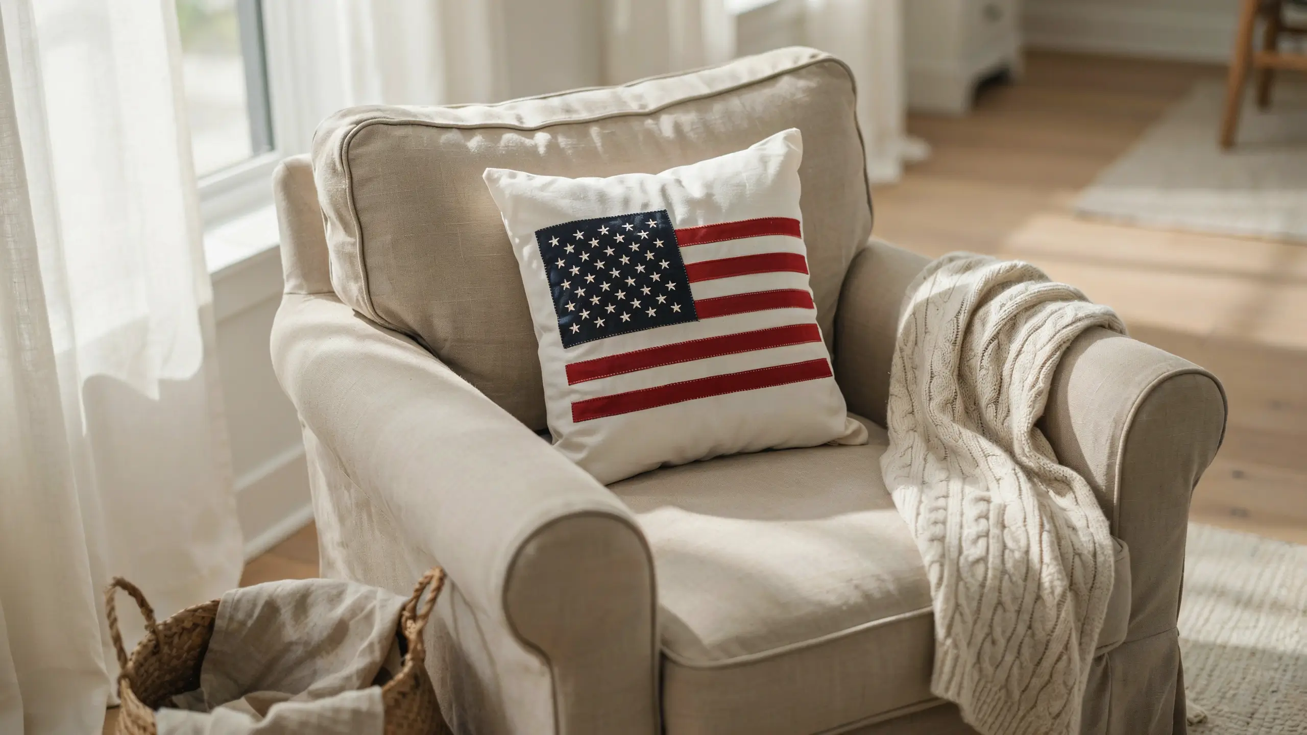 A cozy living room scene featuring an American flag appliqué throw pillow resting on a beige upholstered armchair beside a cream knit blanket and sheer white window curtains.