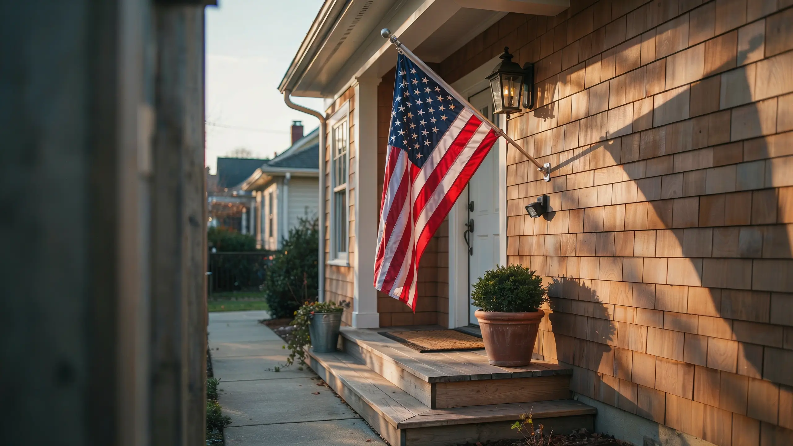 American flag mounted beside the front door on a cedar-shingle porch in warm evening light.