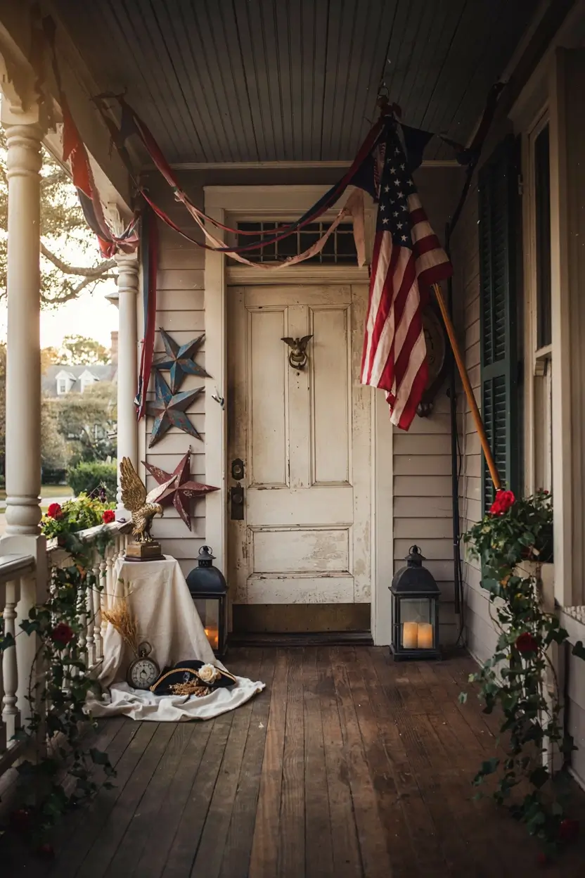 Vintage front porch decorated with an American flag, patriotic stars, bunting, roses, and lanterns for America’s 250th birthday.