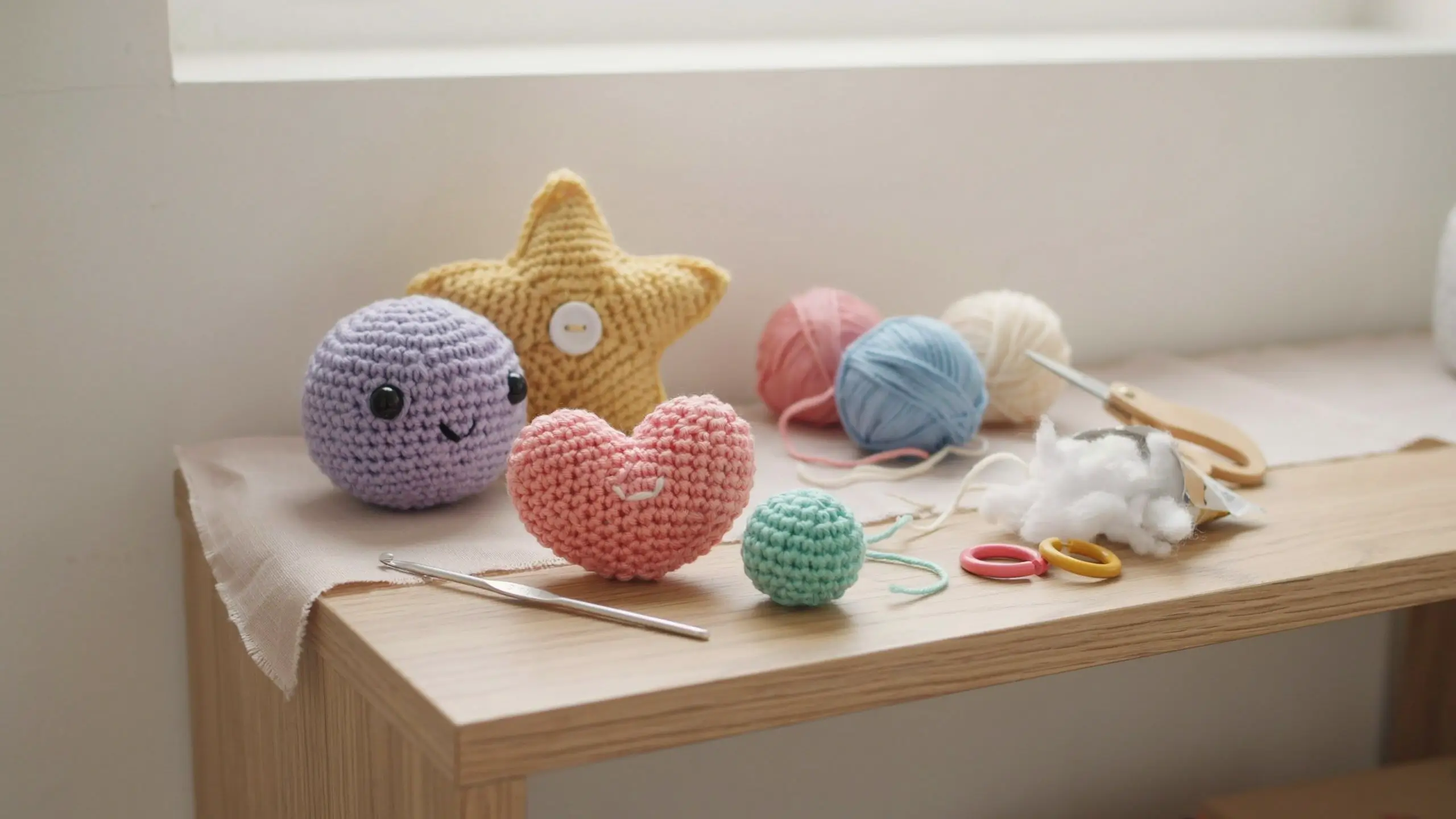 Handmade crochet amigurumi plushies featuring a purple face, yellow button-eyed star, and pink heart, arranged with a metal hook and pastel yarn supplies.