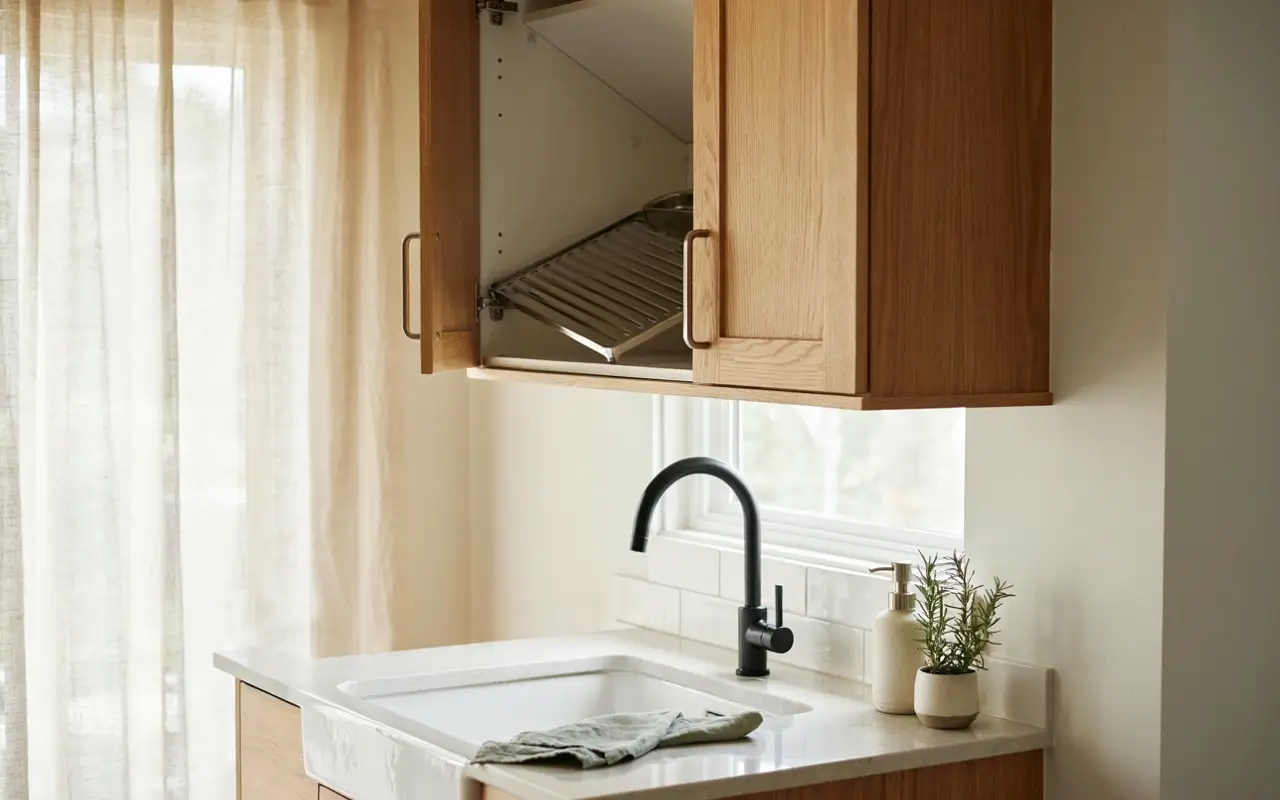Closed wood cabinet with an angled dish rack above a farmhouse sink and clear white kitchen counter.