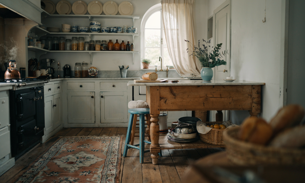 Antique French country kitchen with rustic wood island, open shelves, blue ceramics, linen curtain and vintage rug