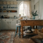 18 Antique Kitchen Island Ideas That Feel Like a French Countryside Dream Antique French country kitchen with rustic wood island, open shelves, blue ceramics, linen curtain and vintage rug