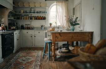 Antique French country kitchen with rustic wood island, open shelves, blue ceramics, linen curtain and vintage rug