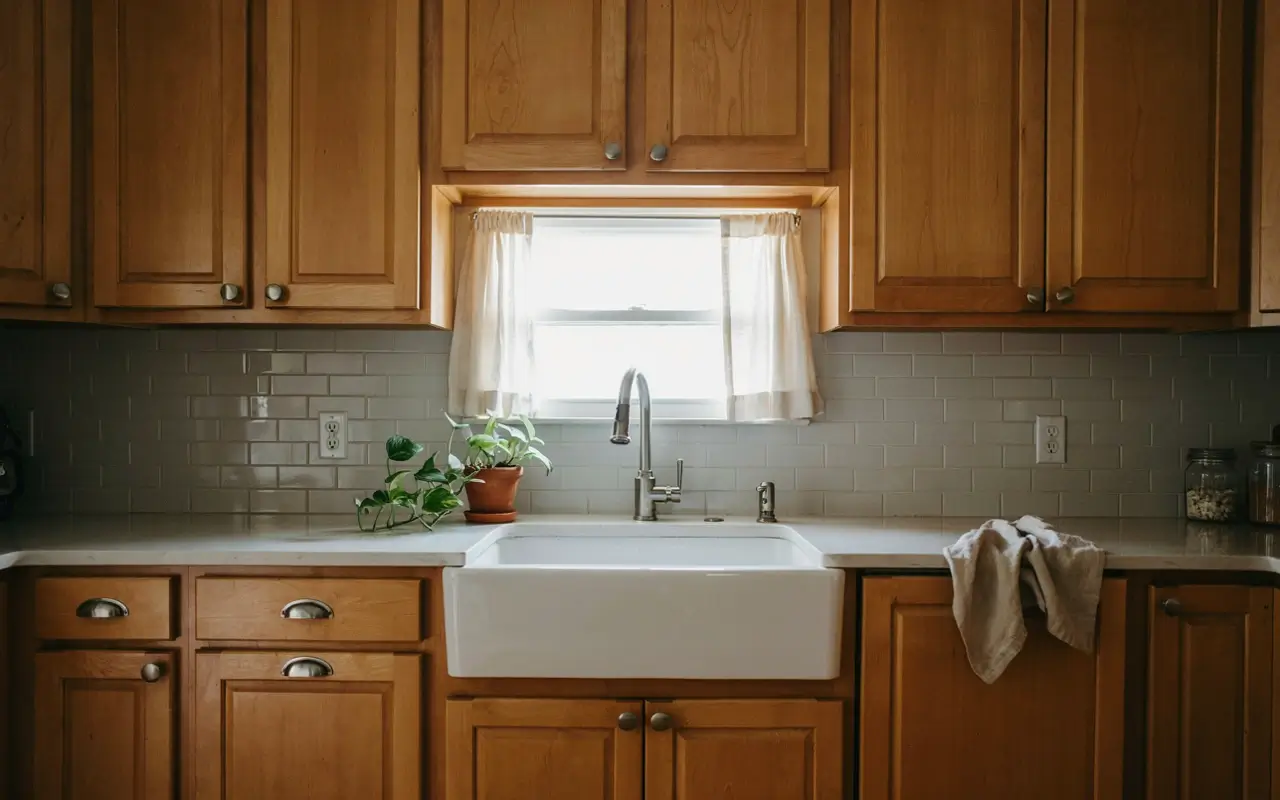 Apron-front sink beneath a kitchen window with natural hickory cabinets and white subway tile backsplash.