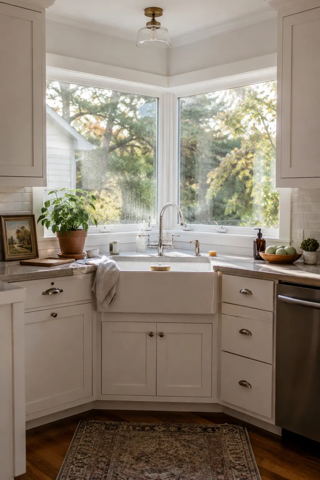 Apron-front sink centered below corner kitchen windows with white cabinets and a garden view.