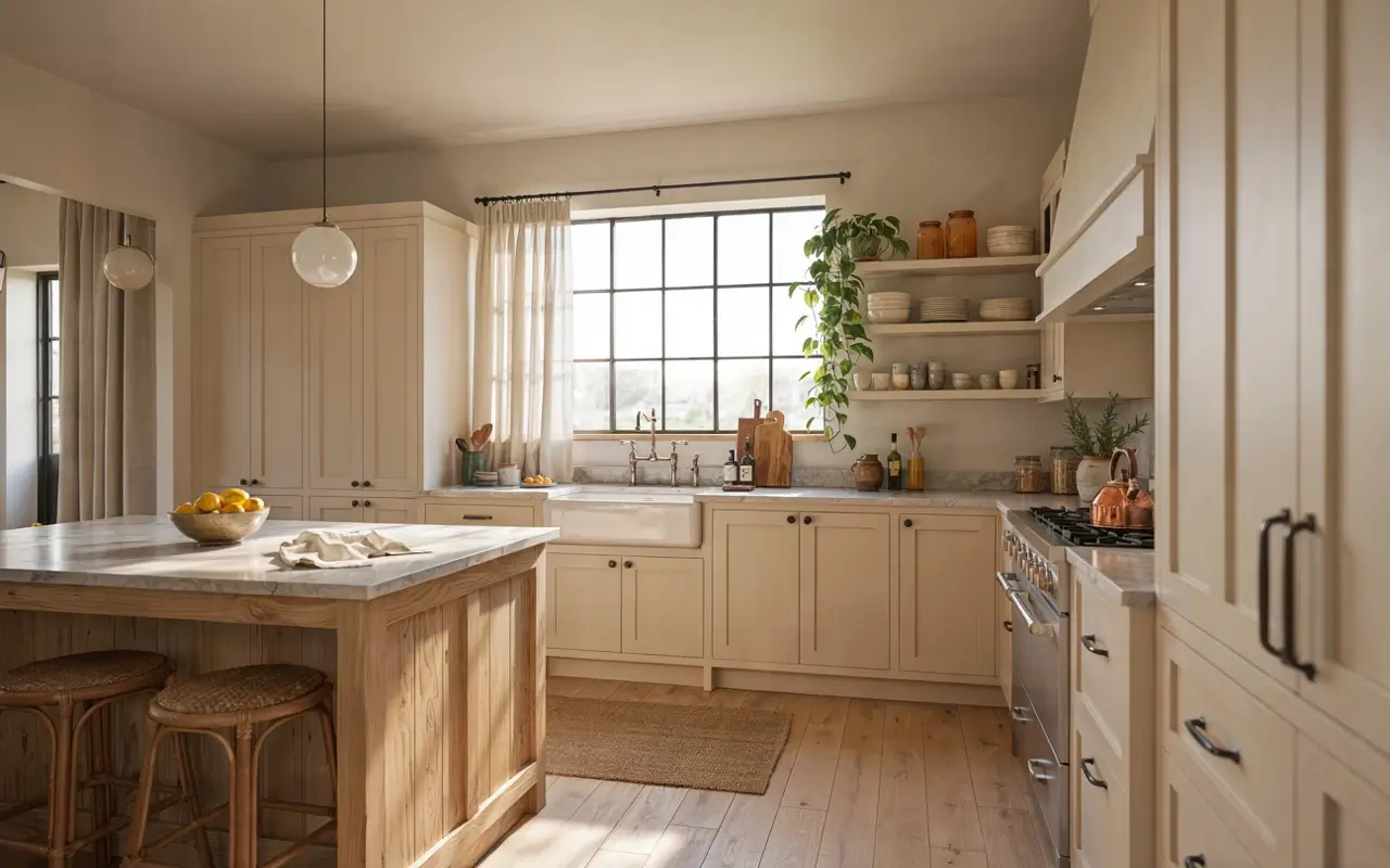 Cream farmhouse kitchen with apron sink under a large window, wood island, open shelves, and natural light.