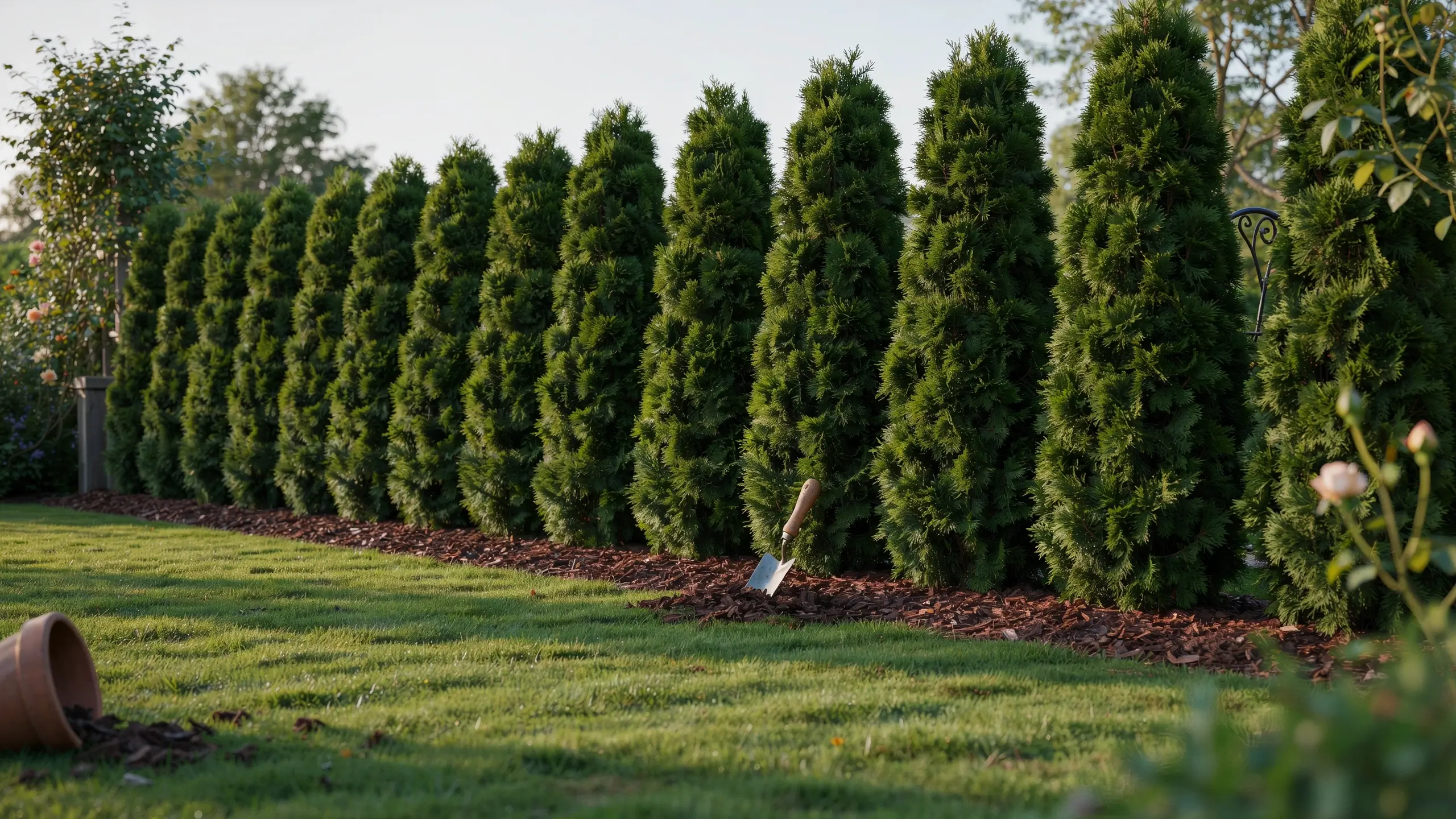 Tall conical evergreen trees planted in a row to form a living privacy hedge, with a garden trowel stuck in fresh bark mulch on a sunny lawn.