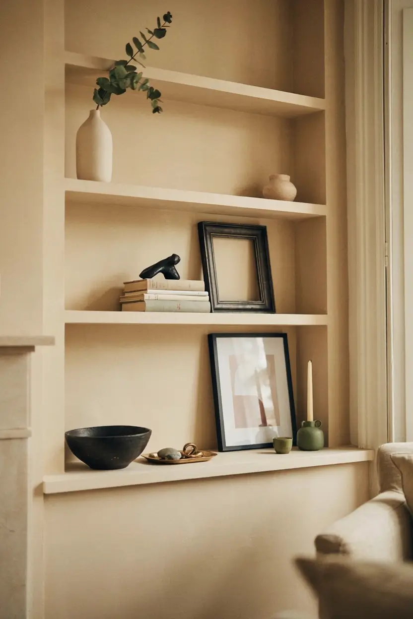 Asymmetrical built-in shelves styled with black frames, neutral ceramics, books, and greenery.