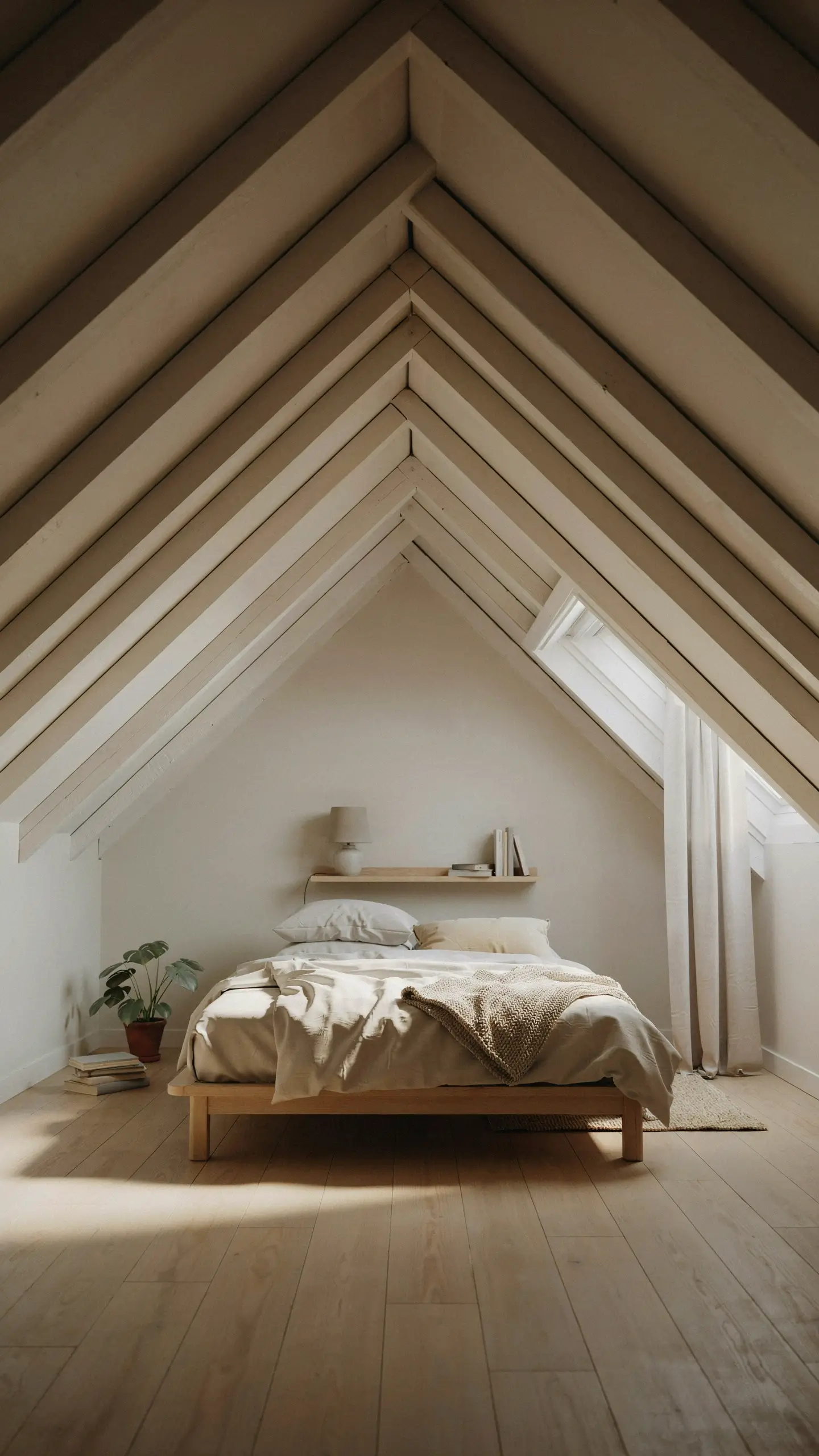 Minimalist attic bedroom with a low-profile wooden platform bed, A-frame ceiling, white skylight curtain, and indoor plant for natural tones. 