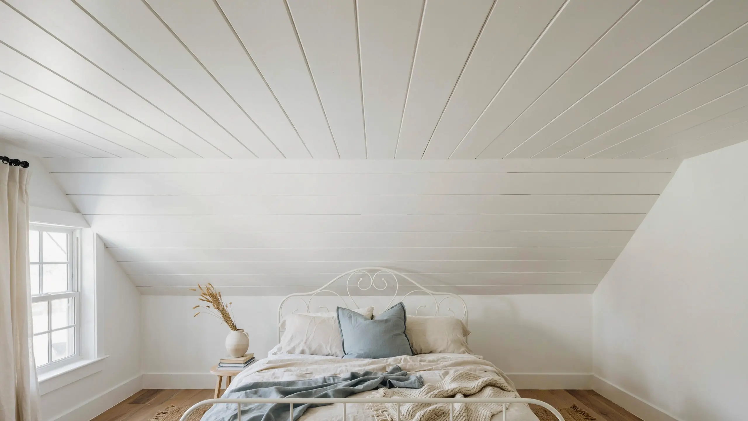 Bright attic bedroom featuring classic white shiplap ceiling and walls, a white metal bed, and a blue decorative throw pillow