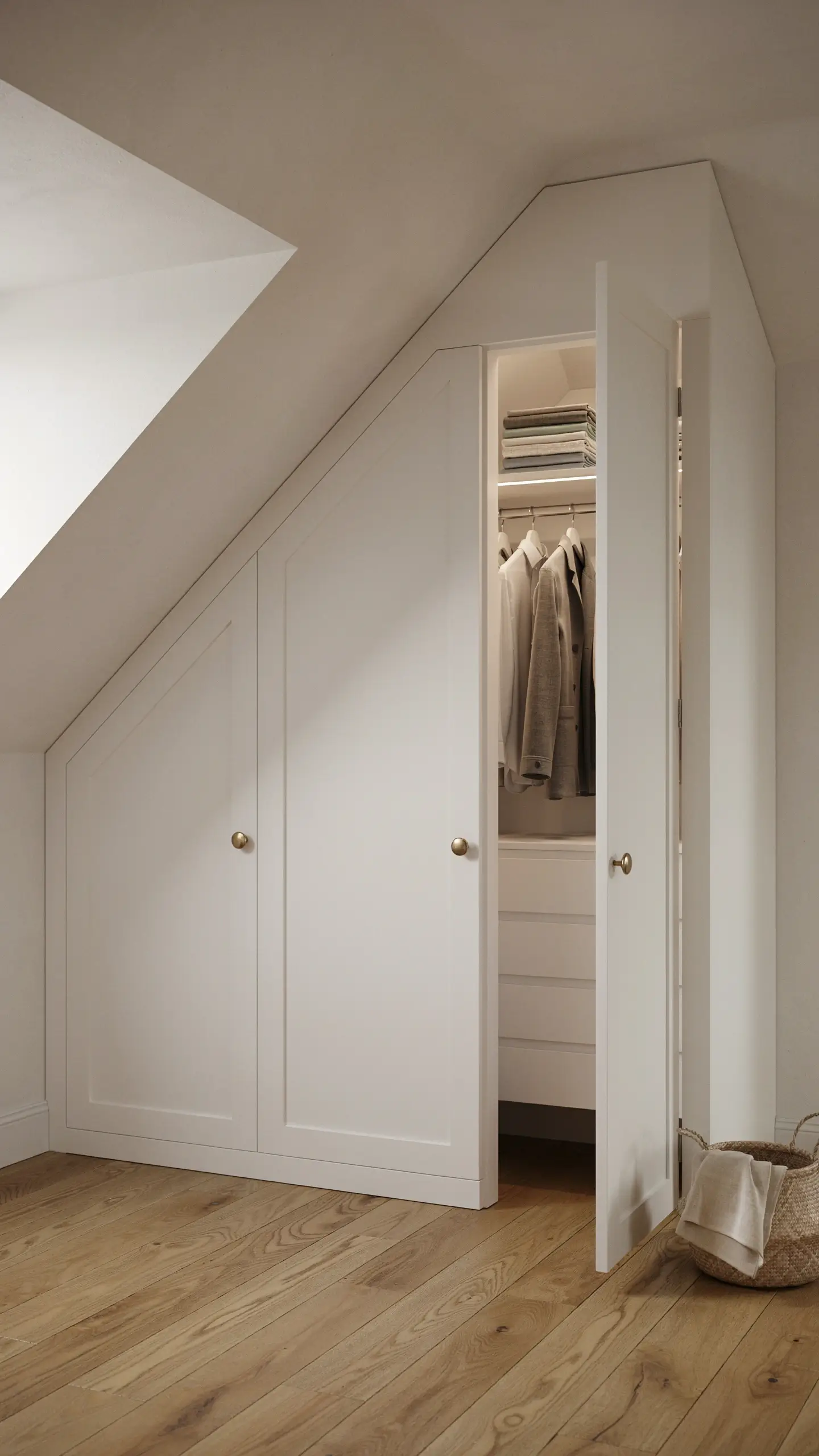  "White shaker-style built-in wardrobe with brass knobs designed to fill triangular attic eaves dead space for hanging rails and drawer storage."